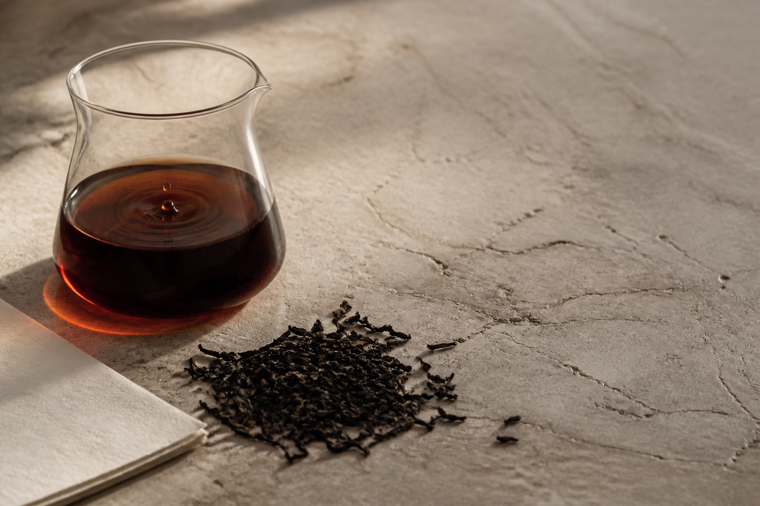 Dark amber black tea in a clear glass vessel with loose tea leaves on limestone