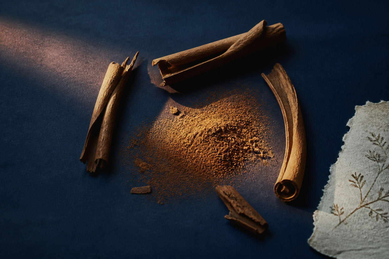 Cinnamon bark quills and ground cinnamon arranged on deep indigo paper in warm directional light