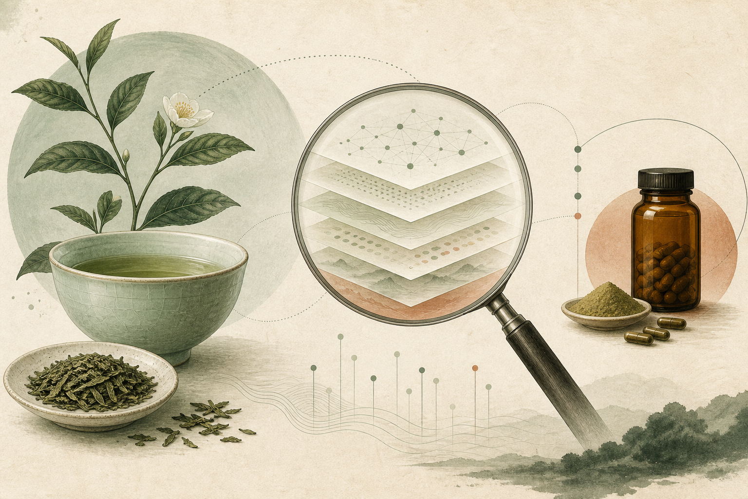 Editorial illustration separating brewed green tea, research evidence, and concentrated extracts