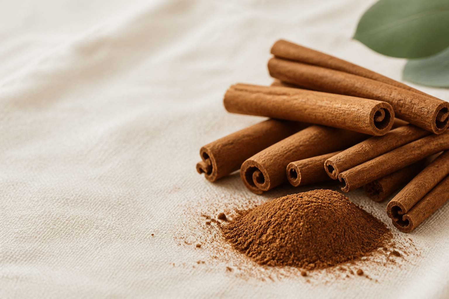 Cinnamon bark quills and a small mound of ground cinnamon on a warm ivory surface