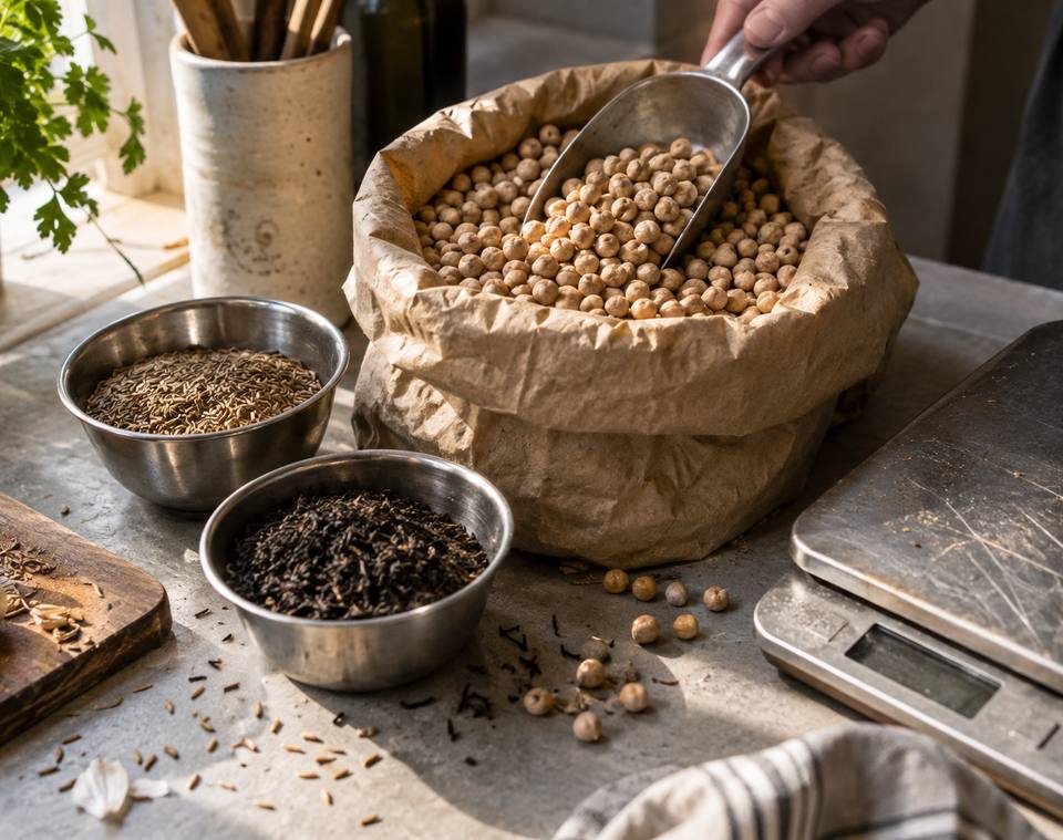 A scale, a scoop and open sacks of pulses and spices on a worktop, weighed to the gram