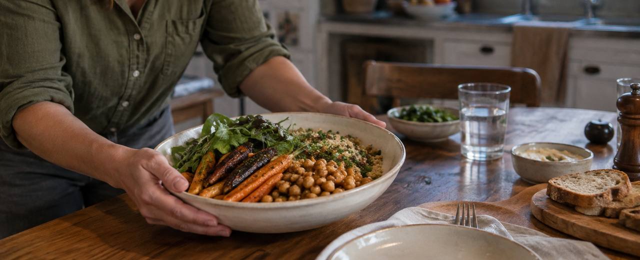 A home cook plating a bowl of lentils, roasted carrots and chickpeas at the dinner table