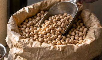 Corner of our ingredients flat-lay showing a sack being scooped (concept image)